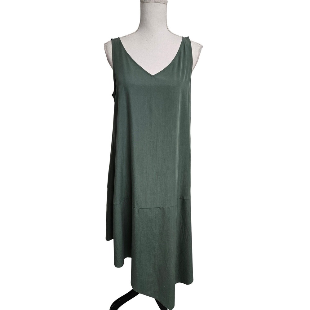 Eileen‎ Fisher V-Neck Midi Dress Green Tencel Lyocell Asymmetrical Hem Women's S
